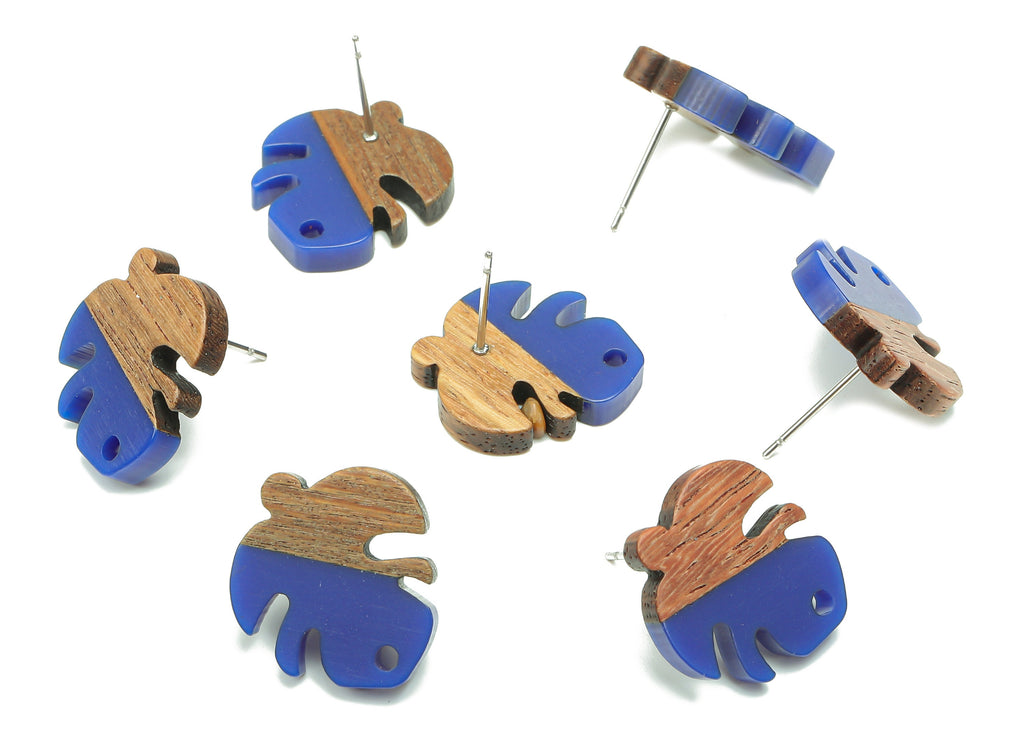 Natural Wooden Leaf Earring Stud - Walnut Wood Dark Blue Resin Monstera Earring Post - 316 Stainless Steel Stud - 19.38x17.1x2.5mm - BB1255C - DOMEDBAZAAR