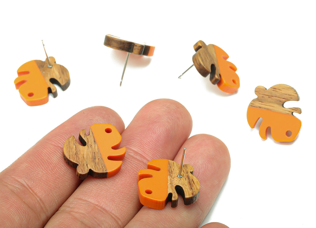 Natural Wooden Leaf Earring Stud - Walnut Wood Orange Resin Monstera Earring Post - 316 Stainless Steel Stud - 19.38x17.07x2.48mm - BB1255D - DOMEDBAZAAR