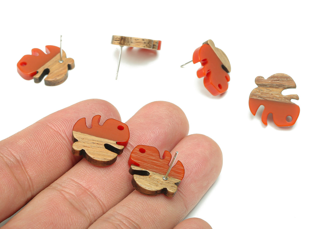 Natural Wooden Leaf Earring Stud - Walnut Wood Red Resin Monstera Earring Post - 316 Stainless Steel Stud - 19.38x17.07x2.48mm - BB1255F - DOMEDBAZAAR