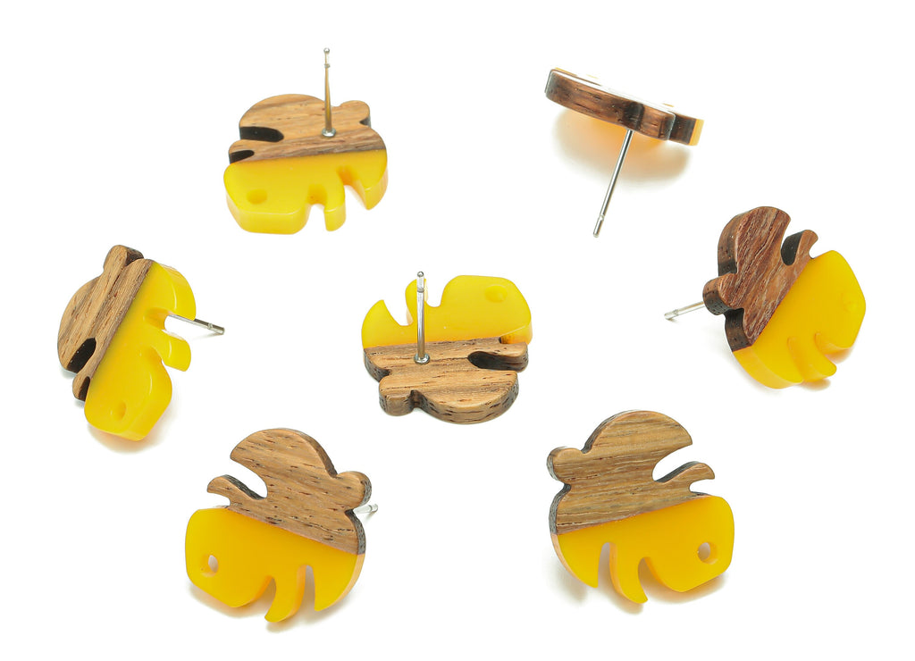 Natural Wooden Leaf Earring Stud - Walnut Wood Yellow Resin Monstera Earring Post - 316 Stainless Steel Stud - 19.38x17.07x2.48mm - BB1255G - DOMEDBAZAAR
