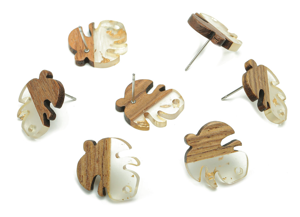 Natural Wooden Leaf Earring Stud - Walnut Wood Gold Foil Clear Resin Monstera Earring Post -316 Stainless Steel Stud-19.4x17.1x2.5mm-BB1255H - DOMEDBAZAAR