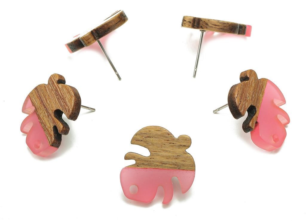 Natural Wooden Leaf Earring Stud - Walnut Wood Clear Red Resin Monstera Earring Post - 316 Stainless Steel Stud - 19.4x17.1x2.48mm - BB1255M - DOMEDBAZAAR