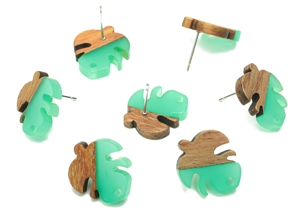 Natural Wooden Leaf Earring Stud - Walnut Wood Clear Green Resin Monstera Earring Post - 316 Stainless Steel Stud - 19.4x17.1x2.5mm -BB1255N - DOMEDBAZAAR