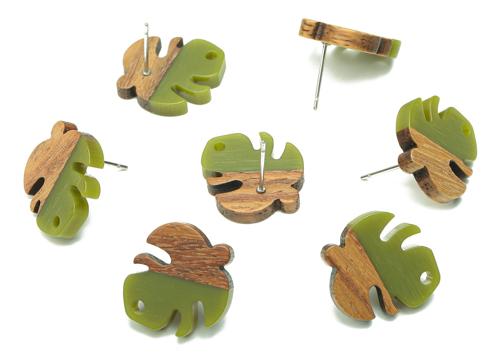 Natural Wooden Leaf Earring Stud - Walnut Wood Green Resin Monstera Earring Post - 316 Stainless Steel Stud - 19.38x17.07x2.48mm - BB1255R - DOMEDBAZAAR