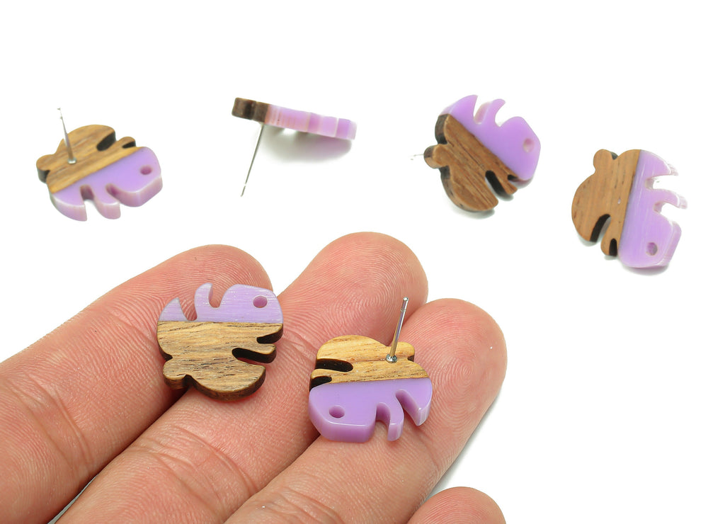 Natural Wooden Leaf Earring Stud - Walnut Wood Purple Resin Monstera Earring Post - 316 Stainless Steel Stud - 19.38x17.07x2.48mm - BB1255P - DOMEDBAZAAR