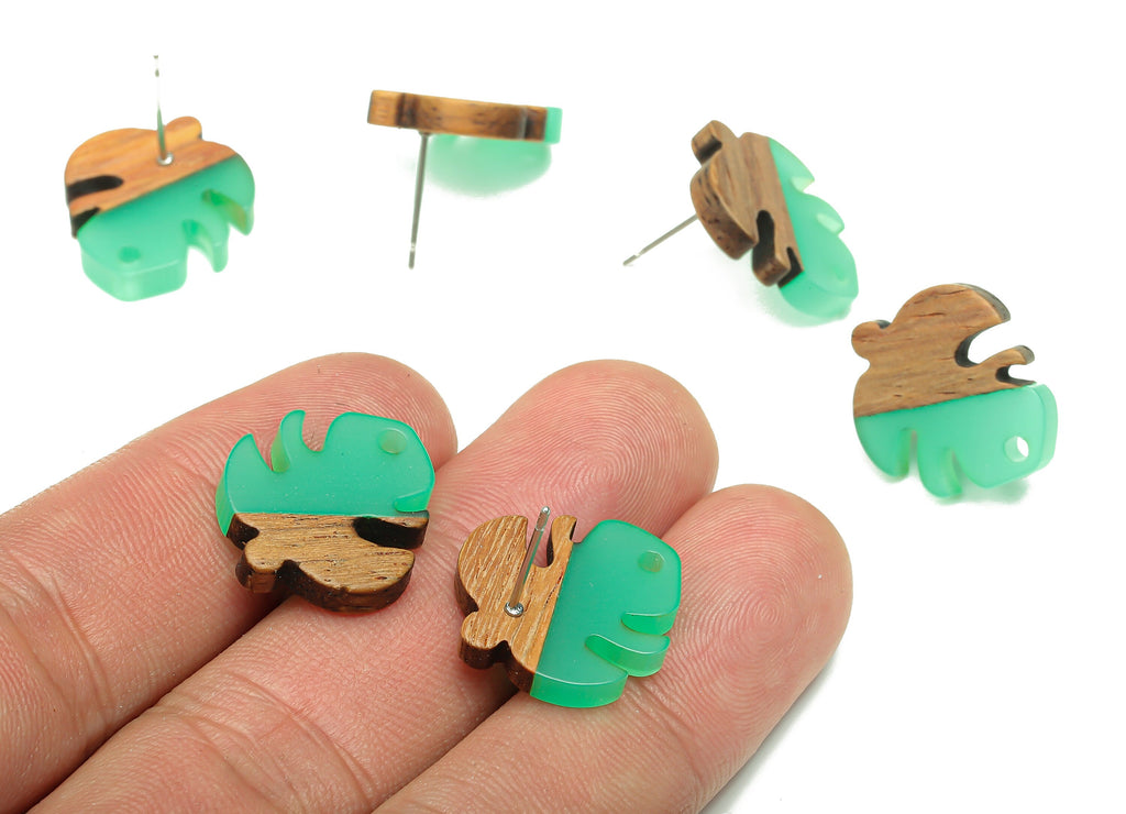 Natural Wooden Leaf Earring Stud - Walnut Wood Clear Green Resin Monstera Earring Post - 316 Stainless Steel Stud - 19.4x17.1x2.5mm -BB1255N - DOMEDBAZAAR