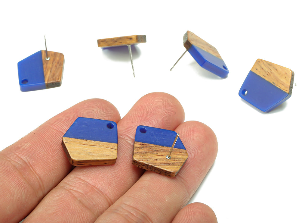 Natural Wooden Pentagon Earring Stud - Walnut Wood Blue Resin Irregular Earring Post - 316 Stainless Steel Stud - 20.7x17.6x3.1mm - BB1256A - DOMEDBAZAAR