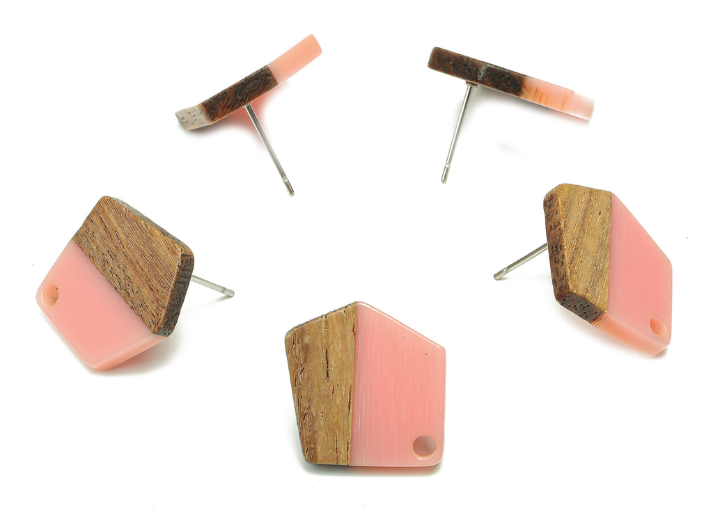 Natural Wooden Pentagon Earring Stud - Walnut Wood Pink Resin Irregular Earring Post - 316 Stainless Steel Stud - 20.7x17.6x3.1mm - BB1256C - DOMEDBAZAAR