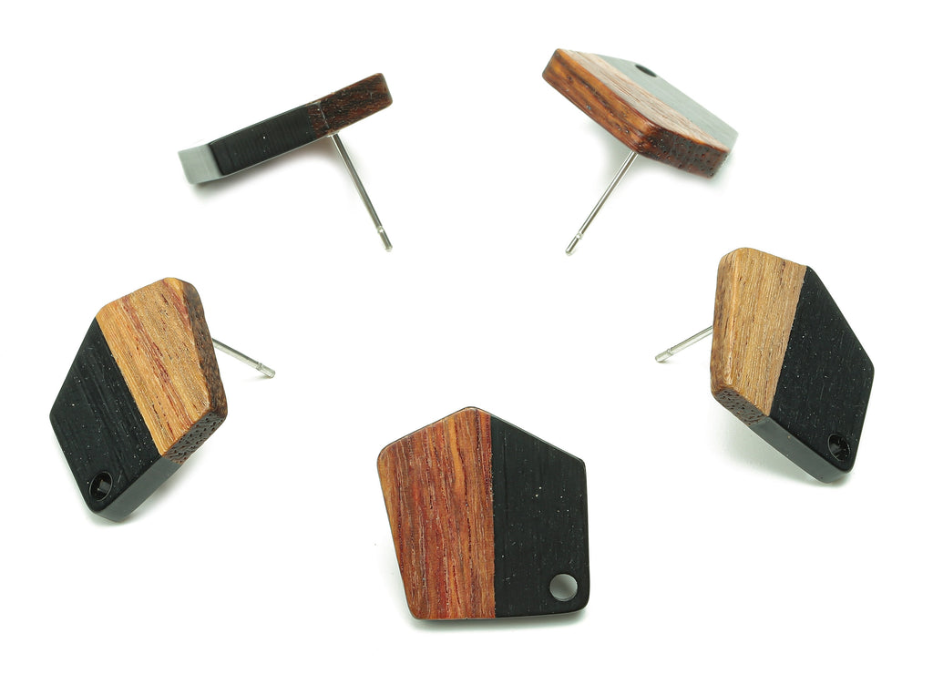 Natural Wooden Pentagon Earring Stud - Walnut Wood Black Resin Irregular Earring Post - 316 Stainless Steel Stud - 20.7x17.6x3.1mm - BB1256E - DOMEDBAZAAR