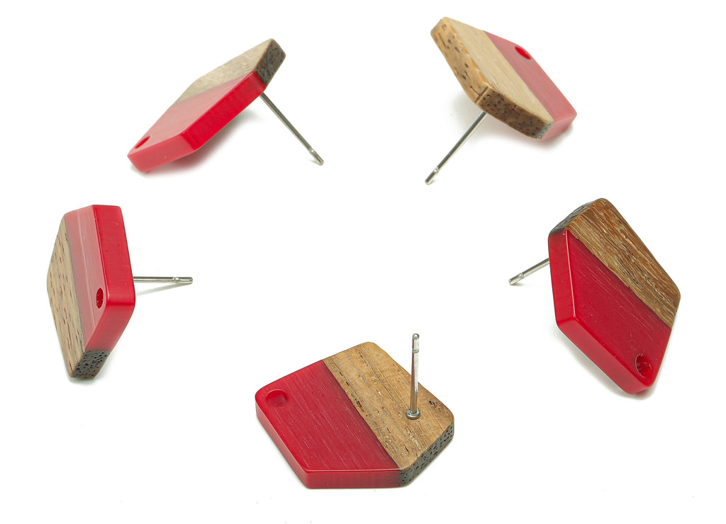 Natural Wooden Pentagon Earring Stud - Walnut Wood Red Resin Irregular Earring Post - 316 Stainless Steel Stud - 20.7x17.6x3.1mm - BB1256H - DOMEDBAZAAR