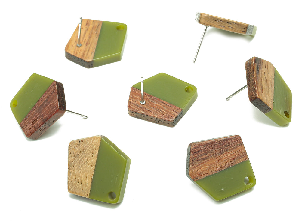Natural Wooden Pentagon Earring Stud - Walnut Wood Green Resin Irregular Earring Post - 316 Stainless Steel Stud - 20.7x17.6x3.1mm - BB1256F - DOMEDBAZAAR