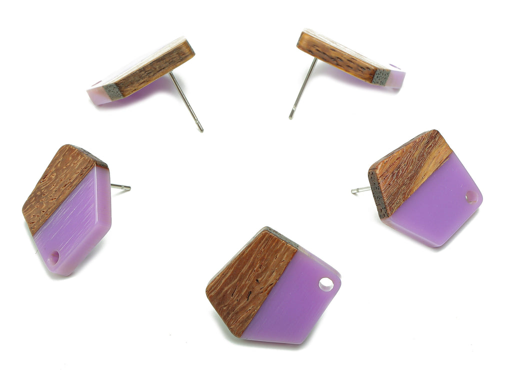 Natural Wooden Pentagon Earring Stud - Walnut Wood Purple Resin Irregular Earring Post - 316 Stainless Steel Stud - 20.7x17.6x3.1mm -BB1256J - DOMEDBAZAAR
