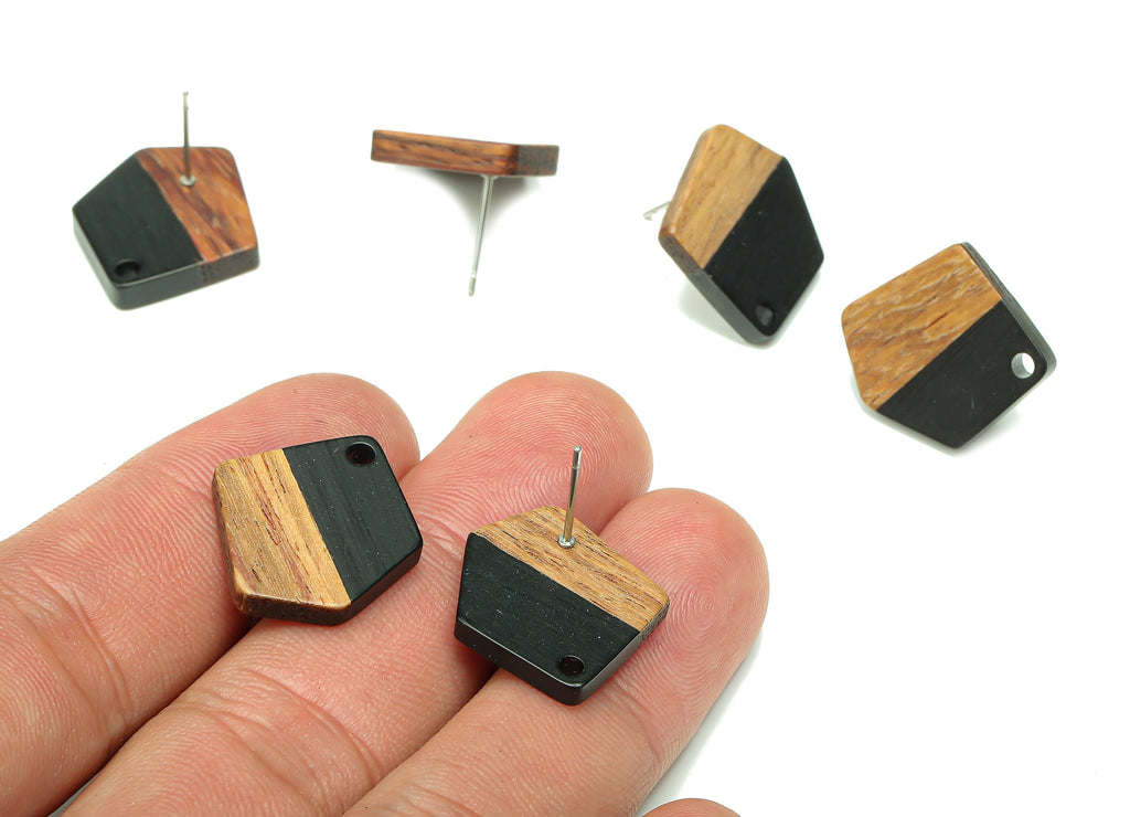 Natural Wooden Pentagon Earring Stud - Walnut Wood Black Resin Irregular Earring Post - 316 Stainless Steel Stud - 20.7x17.6x3.1mm - BB1256E - DOMEDBAZAAR