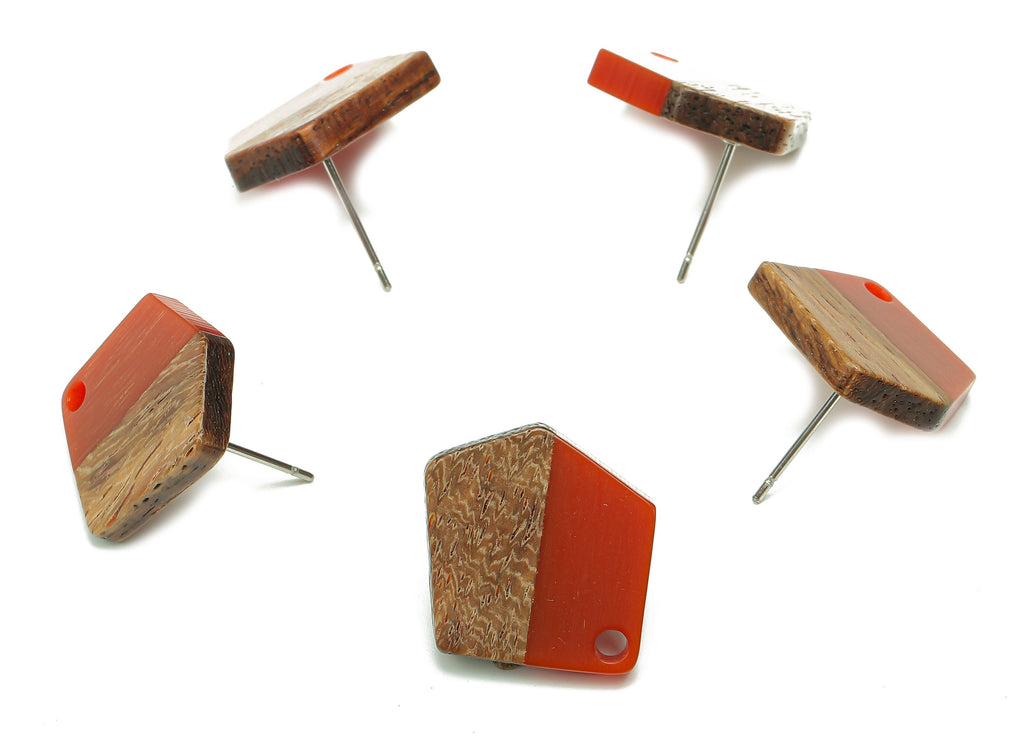 Natural Wooden Pentagon Earring Stud - Walnut Wood Red Resin Irregular Earring Post - 316 Stainless Steel Stud - 20.7x17.6x3.1mm - BB1256K - DOMEDBAZAAR