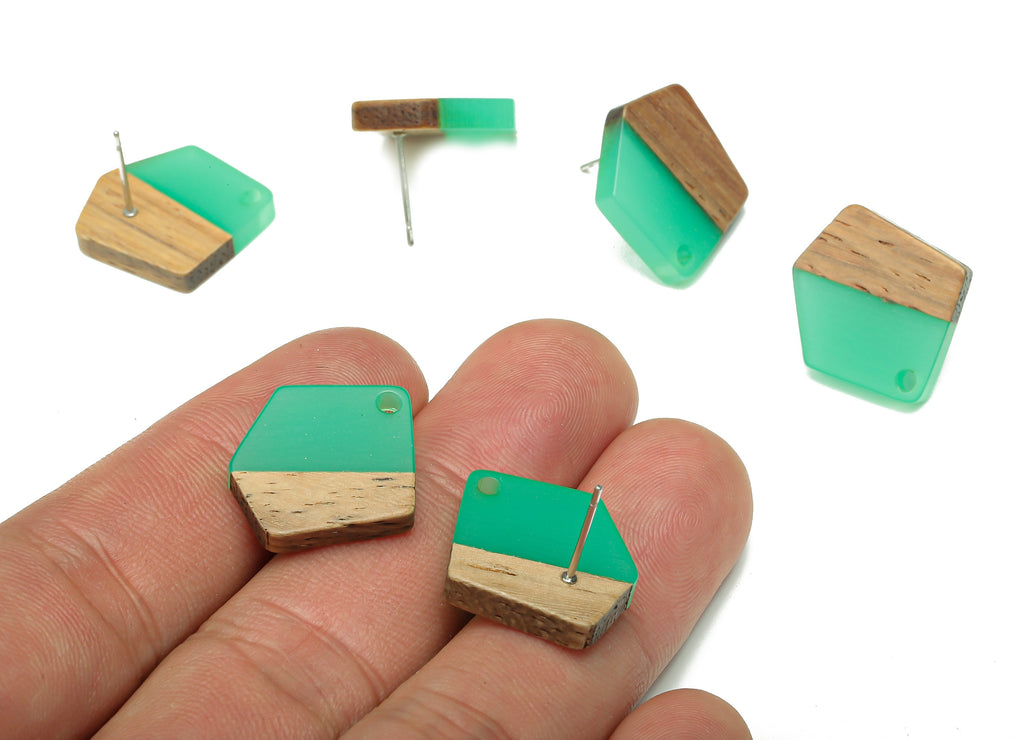 Natural Wooden Pentagon Earring Stud - Walnut Wood Light Green Resin Irregular Earring - 316 Stainless Steel Stud - 20.7x17.6x3.1mm -BB1256G - DOMEDBAZAAR