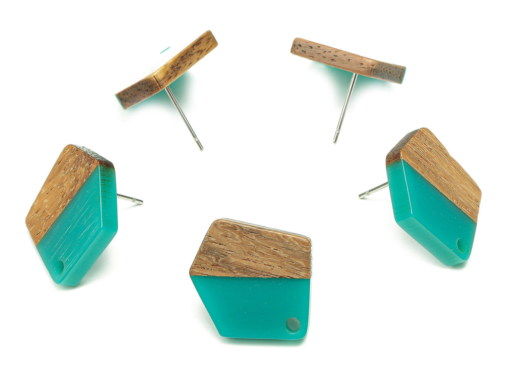 Natural Wooden Pentagon Earring Stud - Walnut Wood Petrol Resin Irregular Earring Post - 316 Stainless Steel Stud - 20.7x17.6x3.1mm -BB1256N - DOMEDBAZAAR