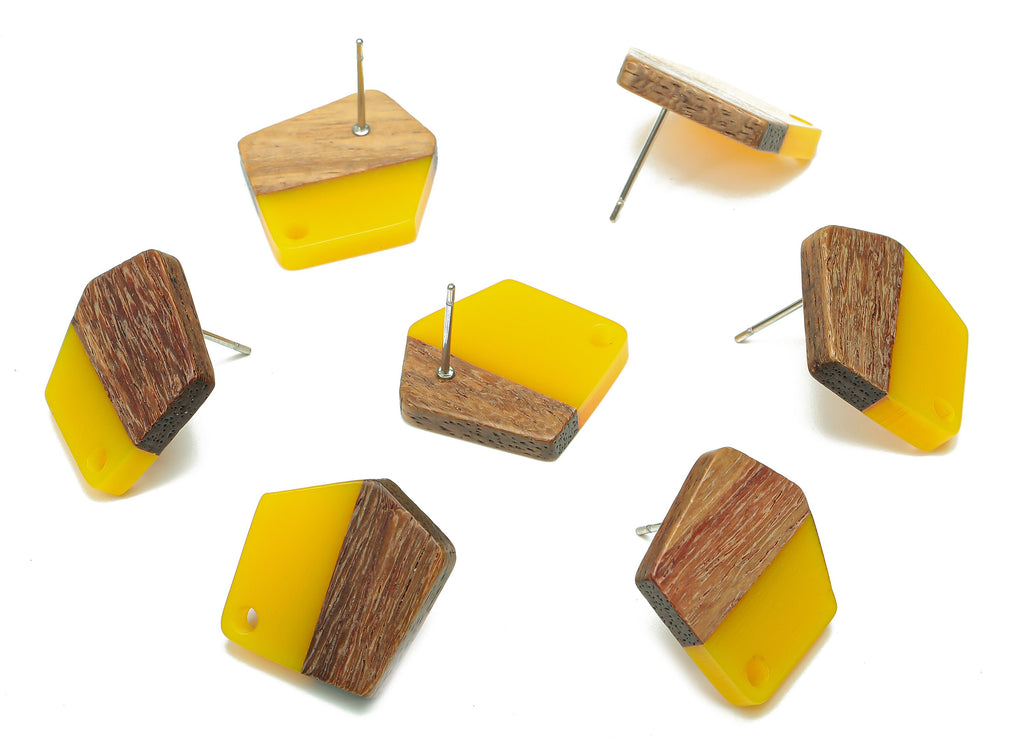 Natural Wooden Pentagon Earring Stud - Walnut Wood Yellow Resin Irregular Earring Post - 316 Stainless Steel Stud - 20.7x17.6x3.1mm -BB1256P - DOMEDBAZAAR