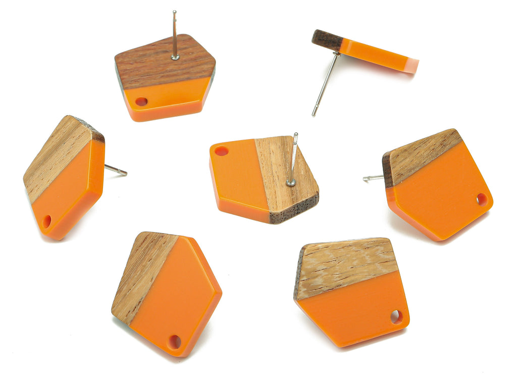 Natural Wooden Pentagon Earring Stud - Walnut Wood Orange Resin Irregular Earring Post - 316 Stainless Steel Stud - 20.7x17.6x3.1mm -BB1256R - DOMEDBAZAAR