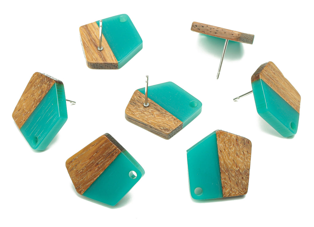Natural Wooden Pentagon Earring Stud - Walnut Wood Petrol Resin Irregular Earring Post - 316 Stainless Steel Stud - 20.7x17.6x3.1mm -BB1256N - DOMEDBAZAAR