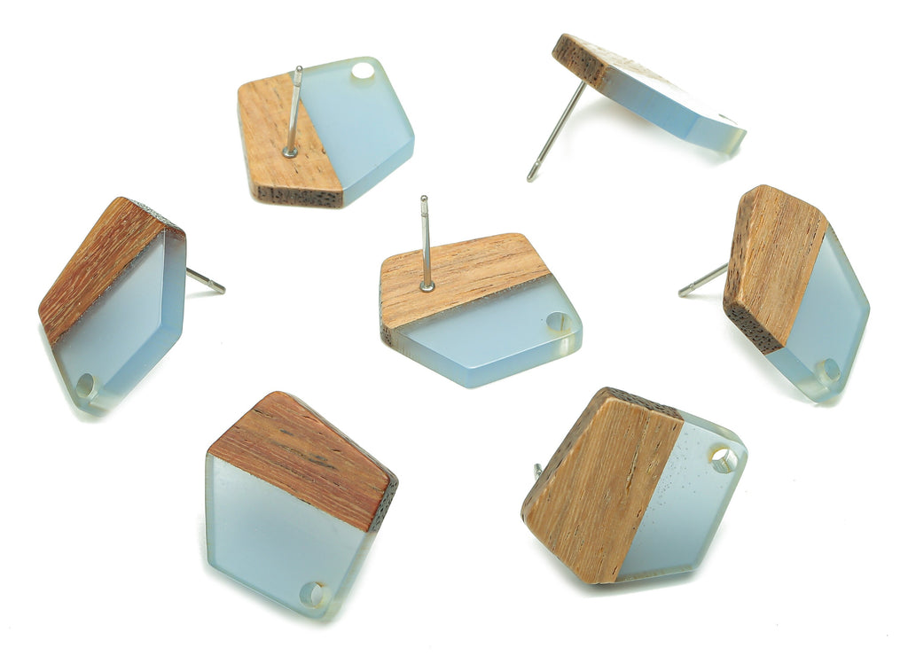 Natural Wooden Pentagon Earring Stud - Walnut Wood Light Blue Resin Irregular Earring - 316 Stainless Steel Stud - 20.7x17.6x3.1mm - BB1256S - DOMEDBAZAAR
