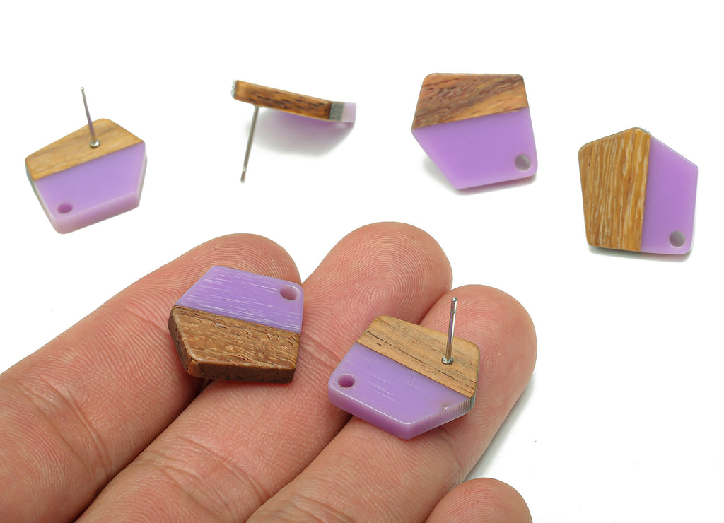 Natural Wooden Pentagon Earring Stud - Walnut Wood Purple Resin Irregular Earring Post - 316 Stainless Steel Stud - 20.7x17.6x3.1mm -BB1256J - DOMEDBAZAAR