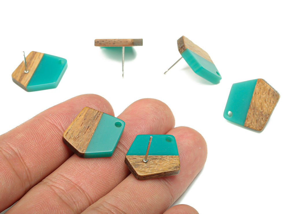 Natural Wooden Pentagon Earring Stud - Walnut Wood Petrol Resin Irregular Earring Post - 316 Stainless Steel Stud - 20.7x17.6x3.1mm -BB1256N - DOMEDBAZAAR