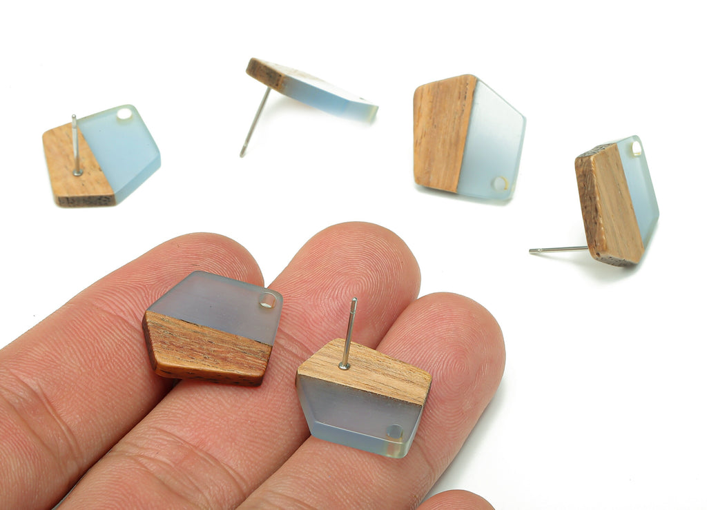 Natural Wooden Pentagon Earring Stud - Walnut Wood Light Blue Resin Irregular Earring - 316 Stainless Steel Stud - 20.7x17.6x3.1mm - BB1256S - DOMEDBAZAAR