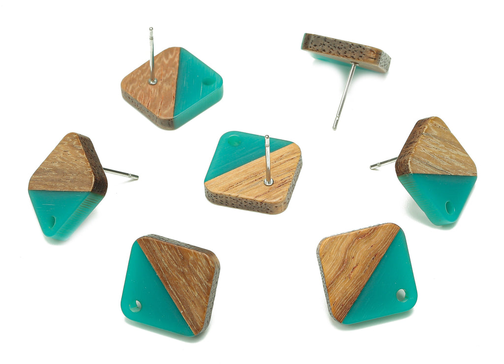 Natural Wooden Diamond Earring Stud - Walnut Wood Rhombus Petrol Resin Earring Post - 316 Stainless Steel Stud - 17.14x17.14x2.95mm -BB1257B - DOMEDBAZAAR