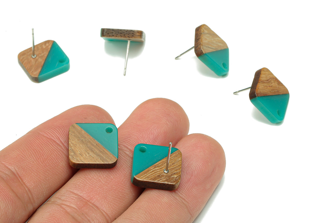 Natural Wooden Diamond Earring Stud - Walnut Wood Rhombus Petrol Resin Earring Post - 316 Stainless Steel Stud - 17.14x17.14x2.95mm -BB1257B - DOMEDBAZAAR