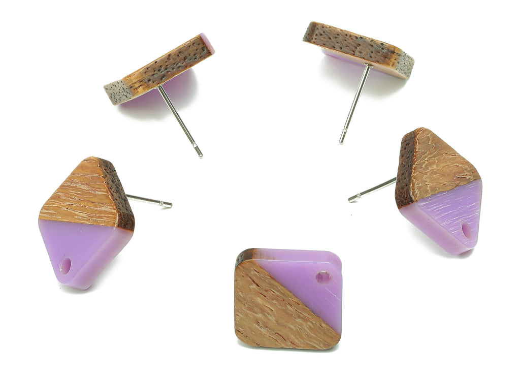 Natural Wooden Diamond Earring Stud - Walnut Wood Rhombus Purple Resin Earring Post - 316 Stainless Steel Stud - 17.14x17.14x2.95mm -BB1257C - DOMEDBAZAAR