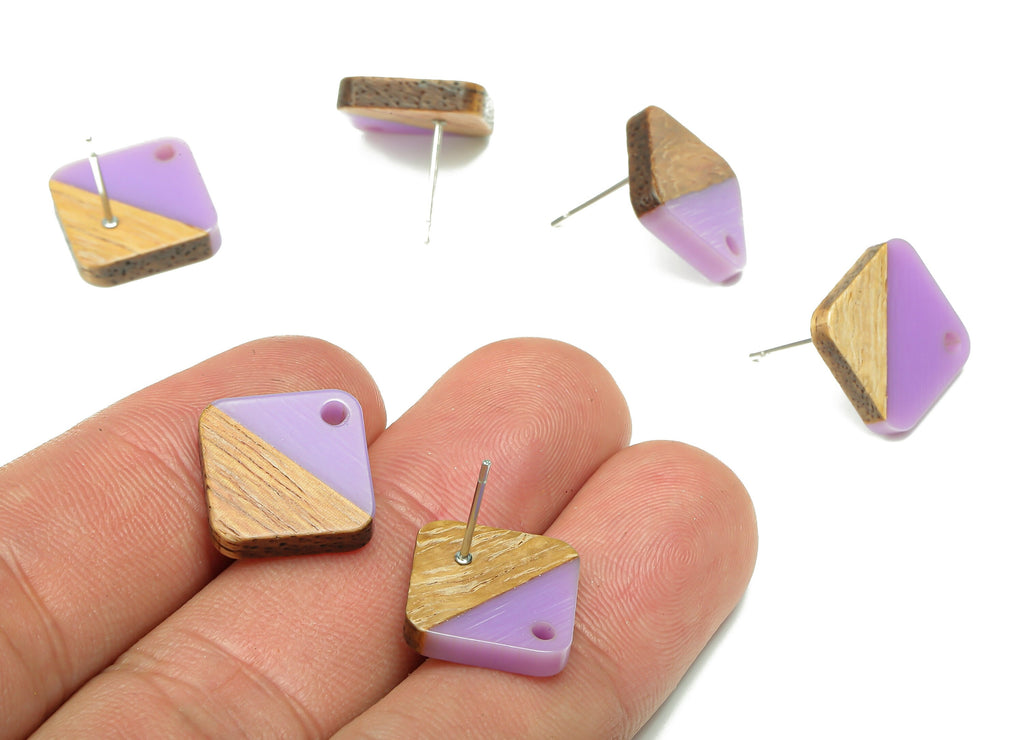 Natural Wooden Diamond Earring Stud - Walnut Wood Rhombus Purple Resin Earring Post - 316 Stainless Steel Stud - 17.14x17.14x2.95mm -BB1257C - DOMEDBAZAAR