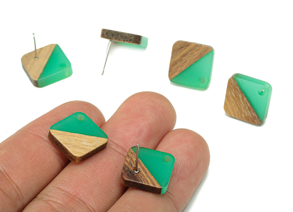 Natural Wooden Diamond Earring Stud - Walnut Wood Rhombus Light Green Resin Earring Post - 316 Stainless Steel Stud - 17.1x17.1x3mm -BB1257E - DOMEDBAZAAR