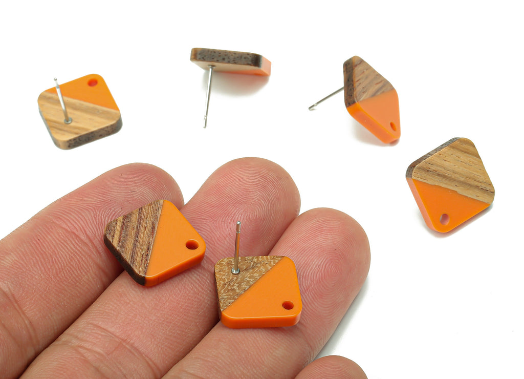 Natural Wooden Diamond Earring Stud - Walnut Wood Rhombus Orange Resin Earring Post - 316 Stainless Steel Stud - 17.14x17.14x2.95mm -BB1257F - DOMEDBAZAAR