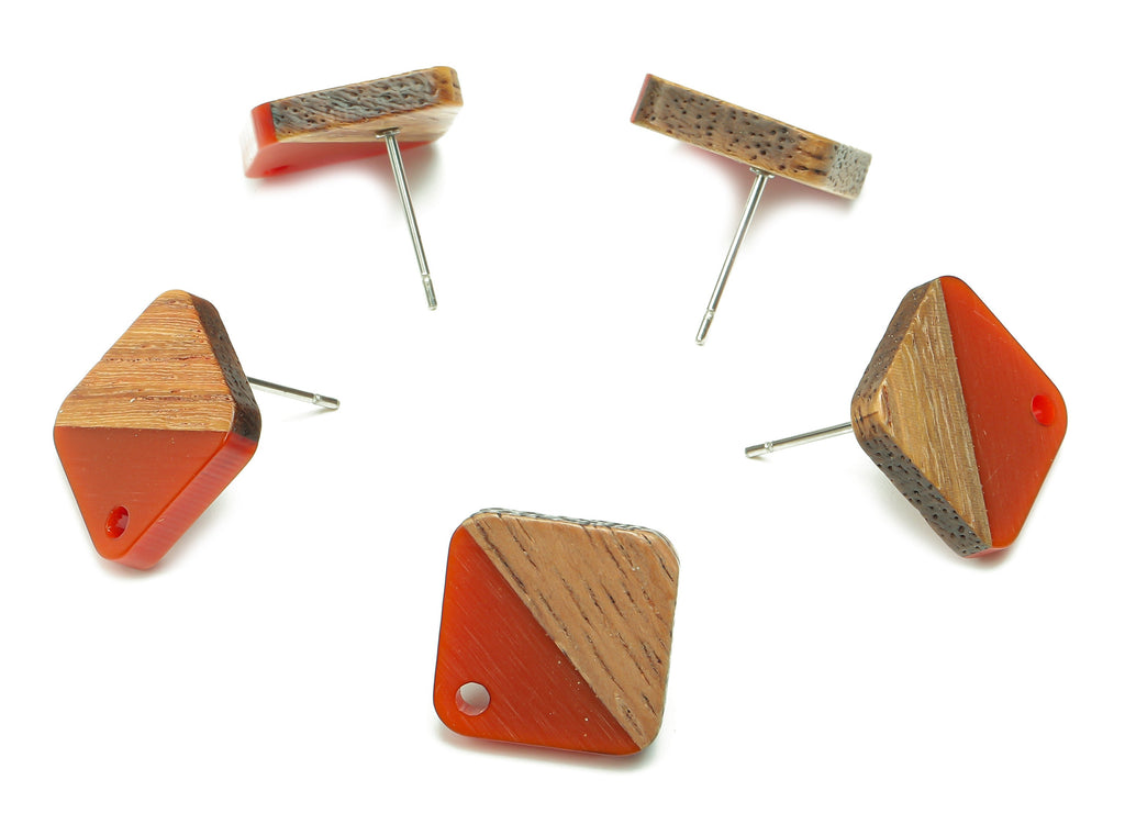 Natural Wooden Diamond Earring Stud - Walnut Wood Rhombus Red Resin Earring Post - 316 Stainless Steel Stud - 17.14x17.14x2.95mm - BB1257G - DOMEDBAZAAR