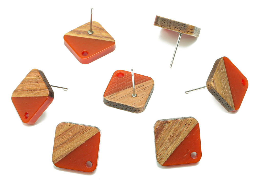 Natural Wooden Diamond Earring Stud - Walnut Wood Rhombus Red Resin Earring Post - 316 Stainless Steel Stud - 17.14x17.14x2.95mm - BB1257G - DOMEDBAZAAR