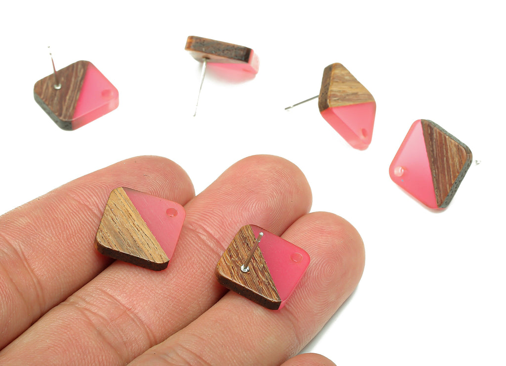 Natural Wooden Diamond Earring Stud - Walnut Wood Rhombus Light Red Resin Earring Post - 316 Stainless Steel Stud - 17.1x17.1x2.95mm-BB1257H - DOMEDBAZAAR