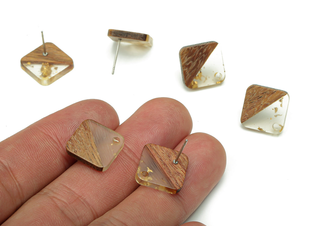 Natural Wooden Diamond Earring Stud - Walnut Wood Rhombus Gold Foil Clear Resin Post - 316 Stainless Steel Stud - 17.1x17.1x2.95mm - BB1257M - DOMEDBAZAAR