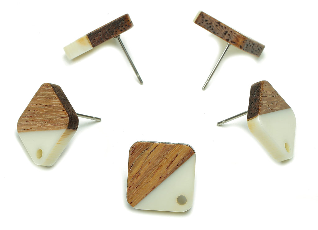 Natural Wooden Diamond Earring Stud - Walnut Wood Rhombus White Resin Earring Post - 316 Stainless Steel Stud - 17.14x17.14x2.95mm - BB1257R - DOMEDBAZAAR