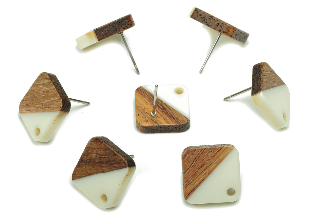 Natural Wooden Diamond Earring Stud - Walnut Wood Rhombus White Resin Earring Post - 316 Stainless Steel Stud - 17.14x17.14x2.95mm - BB1257R - DOMEDBAZAAR