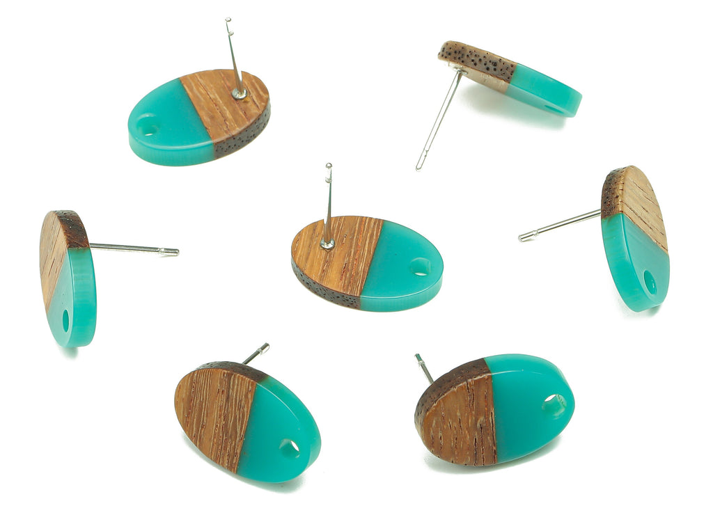 Natural Wooden Oval Earring Stud - Walnut Wood Petrol Resin Ellipse Earring Post - 316 Stainless Steel Stud - 15.6x10.23x2.42mm - BB1258A - DOMEDBAZAAR