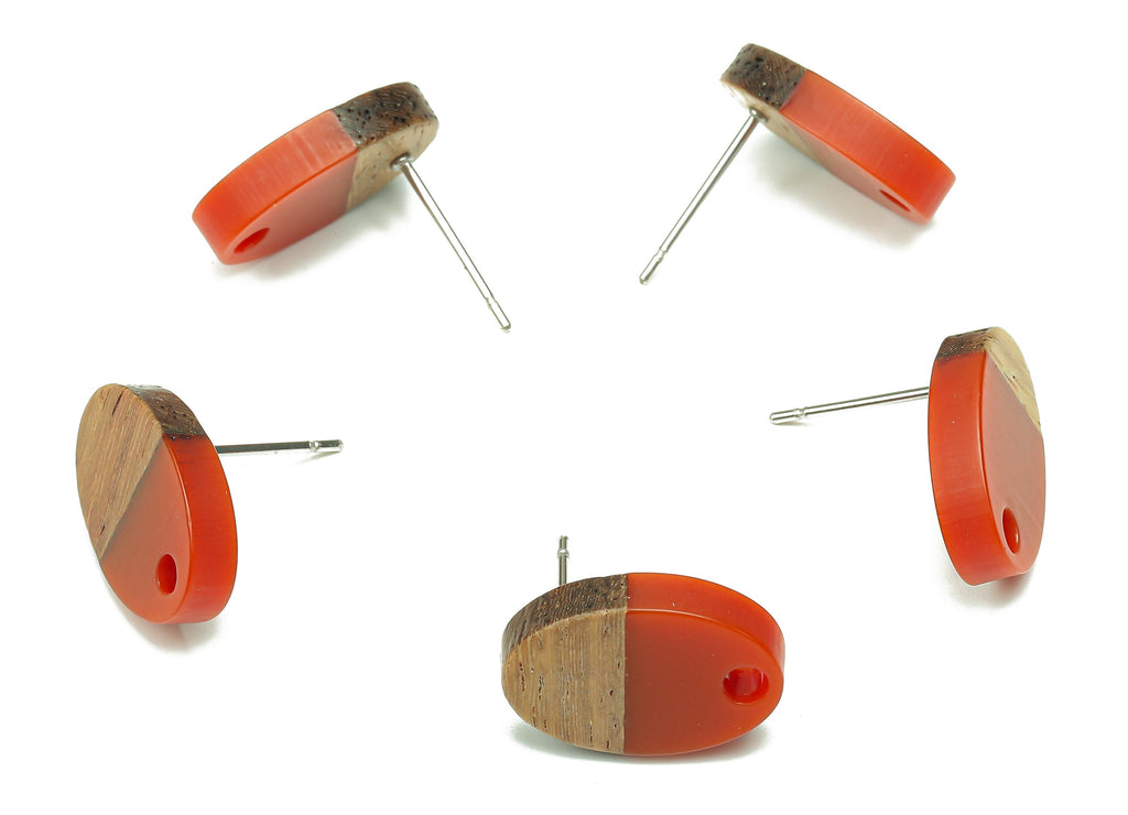 Natural Wooden Oval Earring Stud - Walnut Wood Red Resin Ellipse Earring Post - 316 Stainless Steel Stud - 15.6x10.23x2.42mm - BB1258B - DOMEDBAZAAR