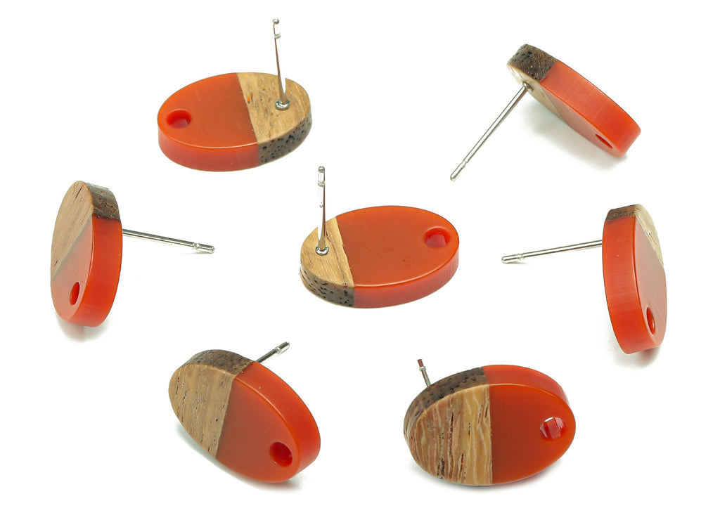 Natural Wooden Oval Earring Stud - Walnut Wood Red Resin Ellipse Earring Post - 316 Stainless Steel Stud - 15.6x10.23x2.42mm - BB1258B - DOMEDBAZAAR