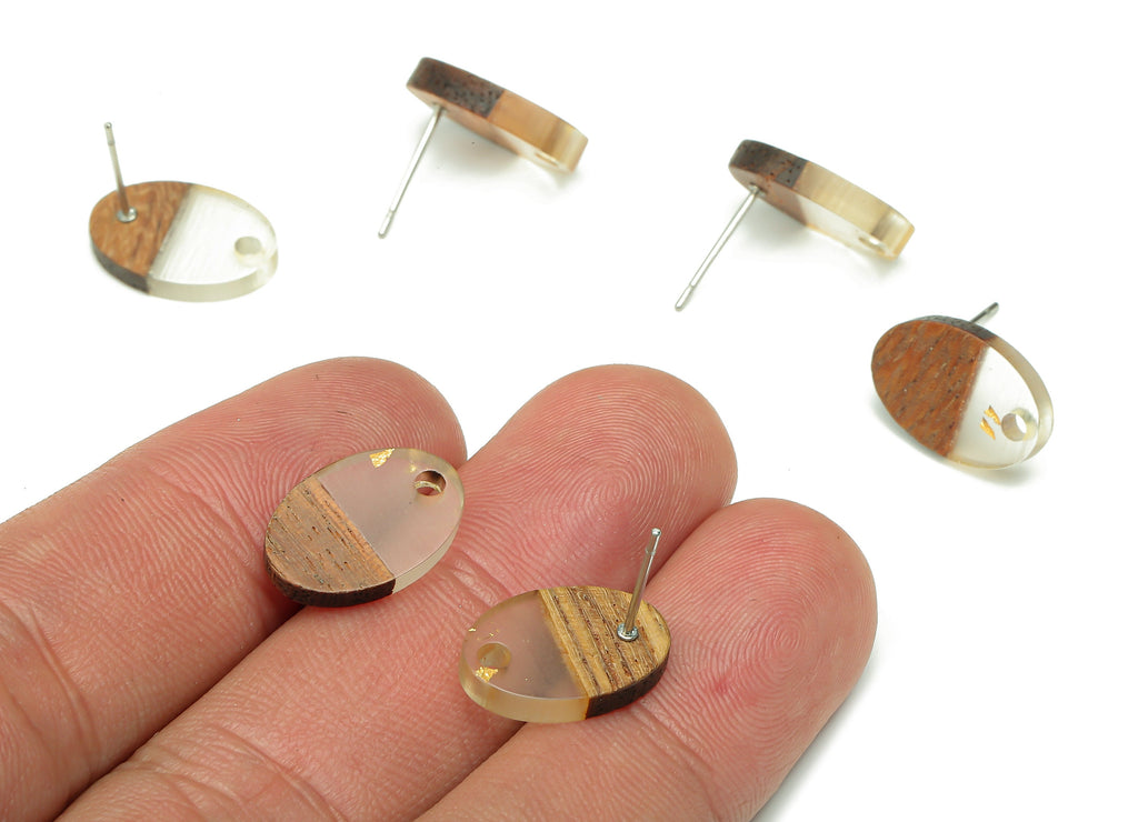 Natural Wooden Oval Earring Stud - Walnut Wood Gold Foil Clear Resin Ellipse Earring - 316 Stainless Steel Stud - 15.6x10.23x2.4mm - BB1258C - DOMEDBAZAAR