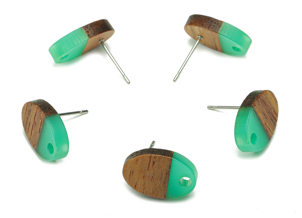 Natural Wooden Oval Earring Stud - Walnut Wood Light Green Resin Ellipse Earring Post - 316 Stainless Steel Stud - 15.6x10.2x2.4mm - BB1258D - DOMEDBAZAAR