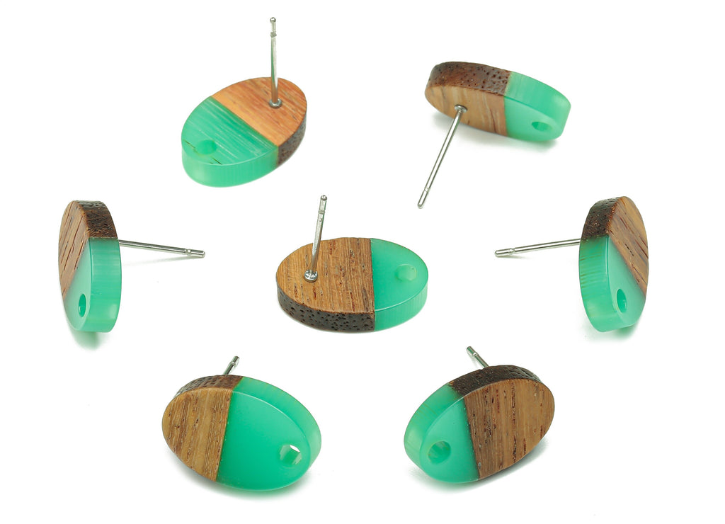 Natural Wooden Oval Earring Stud - Walnut Wood Light Green Resin Ellipse Earring Post - 316 Stainless Steel Stud - 15.6x10.2x2.4mm - BB1258D - DOMEDBAZAAR