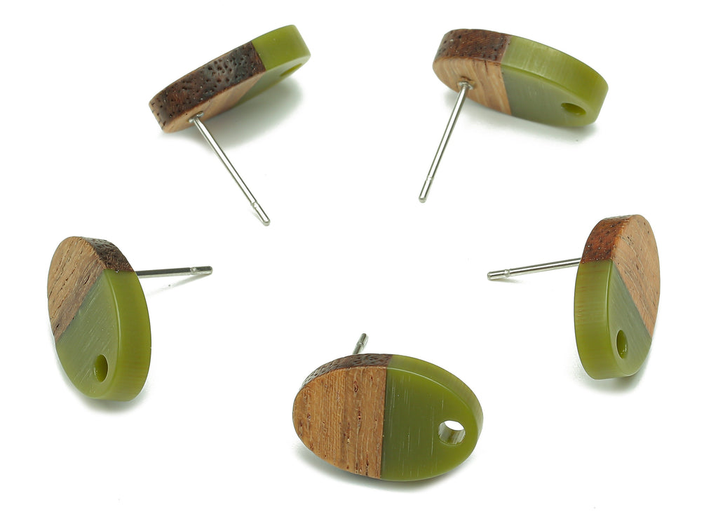 Natural Wooden Oval Earring Stud - Walnut Wood Green Resin Ellipse Earring Post - 316 Stainless Steel Stud - 15.6x10.23x2.42mm - BB1258E - DOMEDBAZAAR