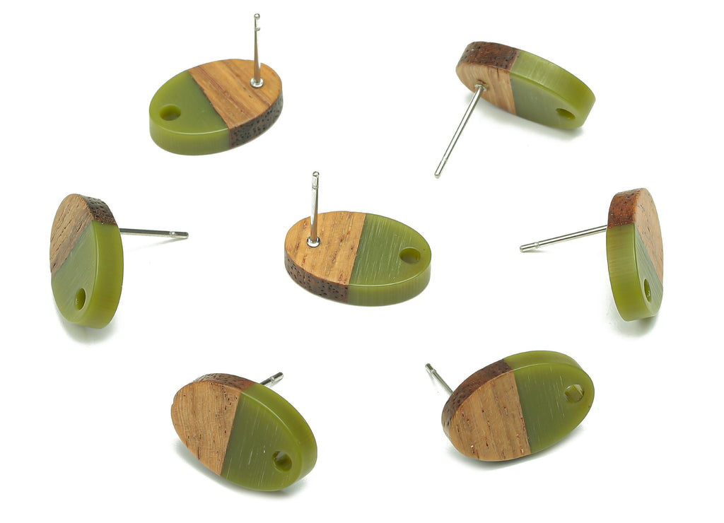 Natural Wooden Oval Earring Stud - Walnut Wood Green Resin Ellipse Earring Post - 316 Stainless Steel Stud - 15.6x10.23x2.42mm - BB1258E - DOMEDBAZAAR
