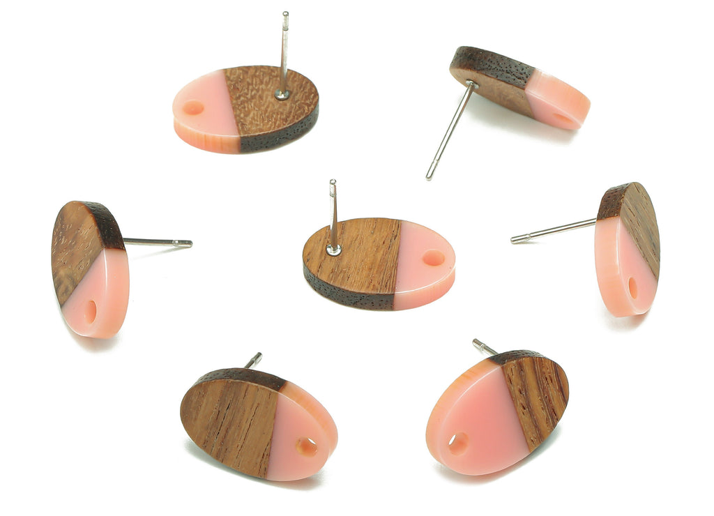 Natural Wooden Oval Earring Stud - Walnut Wood Pink Resin Ellipse Earring Post - 316 Stainless Steel Stud - 15.6x10.23x2.42mm - BB1258G - DOMEDBAZAAR