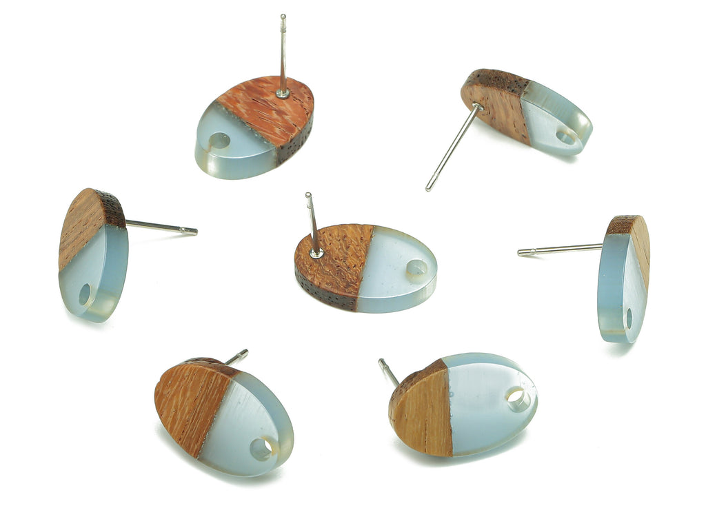 Natural Wooden Oval Earring Stud - Walnut Wood Light Blue Resin Ellipse Earring Post - 316 Stainless Steel Stud - 15.6x10.23x2.4mm - BB1258H - DOMEDBAZAAR