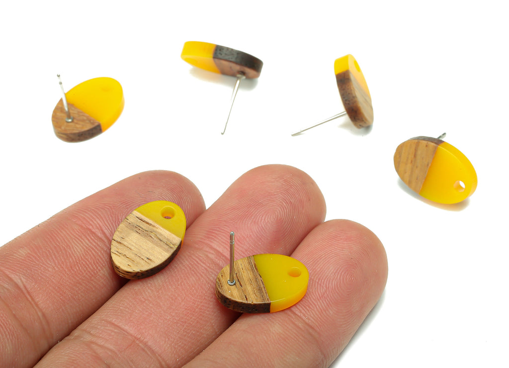 Natural Wooden Oval Earring Stud - Walnut Wood Yellow Resin Ellipse Earring Post - 316 Stainless Steel Stud - 15.6x10.23x2.42mm - BB1258F - DOMEDBAZAAR